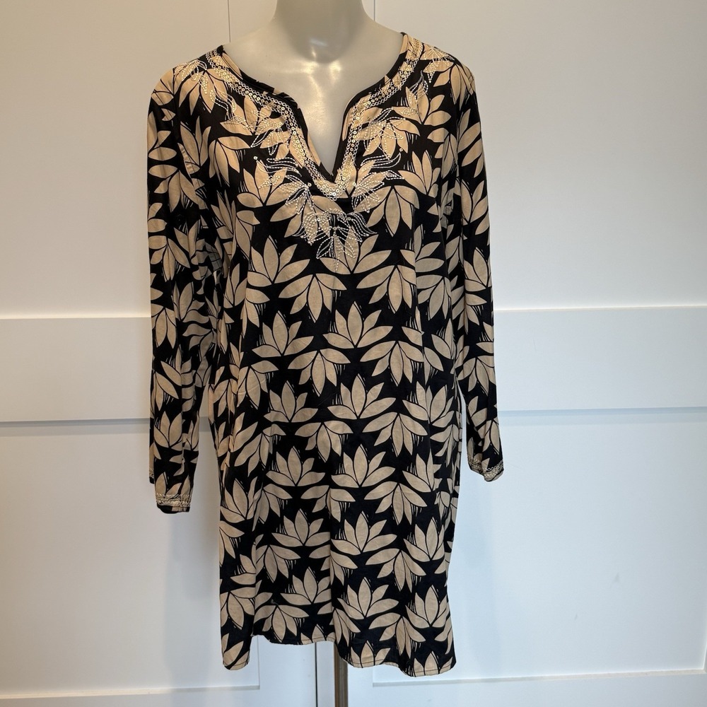 Sigrid Olsen Studio Tunic Top Women's Black Tan Lotus Embroidered Cotton Large